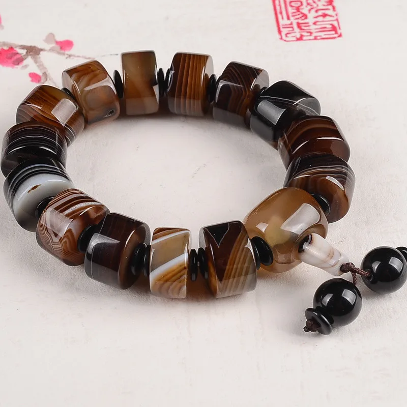 Natural Brazilian Silk Wrapped Agate Bucket Bead Bracelet, Men\'s Style, Ethnic Style, Versatile Bracelet Jewelry