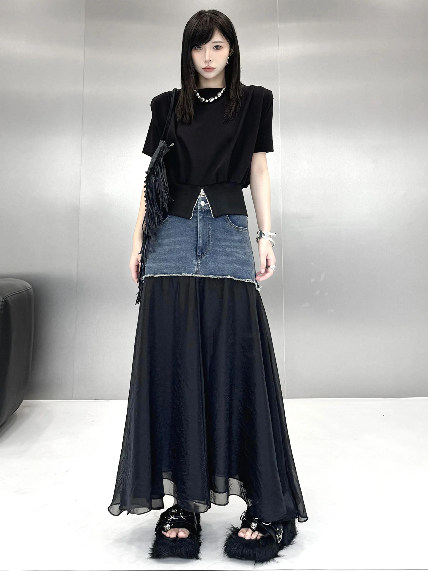 Elegant A-Line Midi Skirt with Denim Patchwork Silk Gauze Women's Summer Slimming Skirts Large Hemline High Waist Design