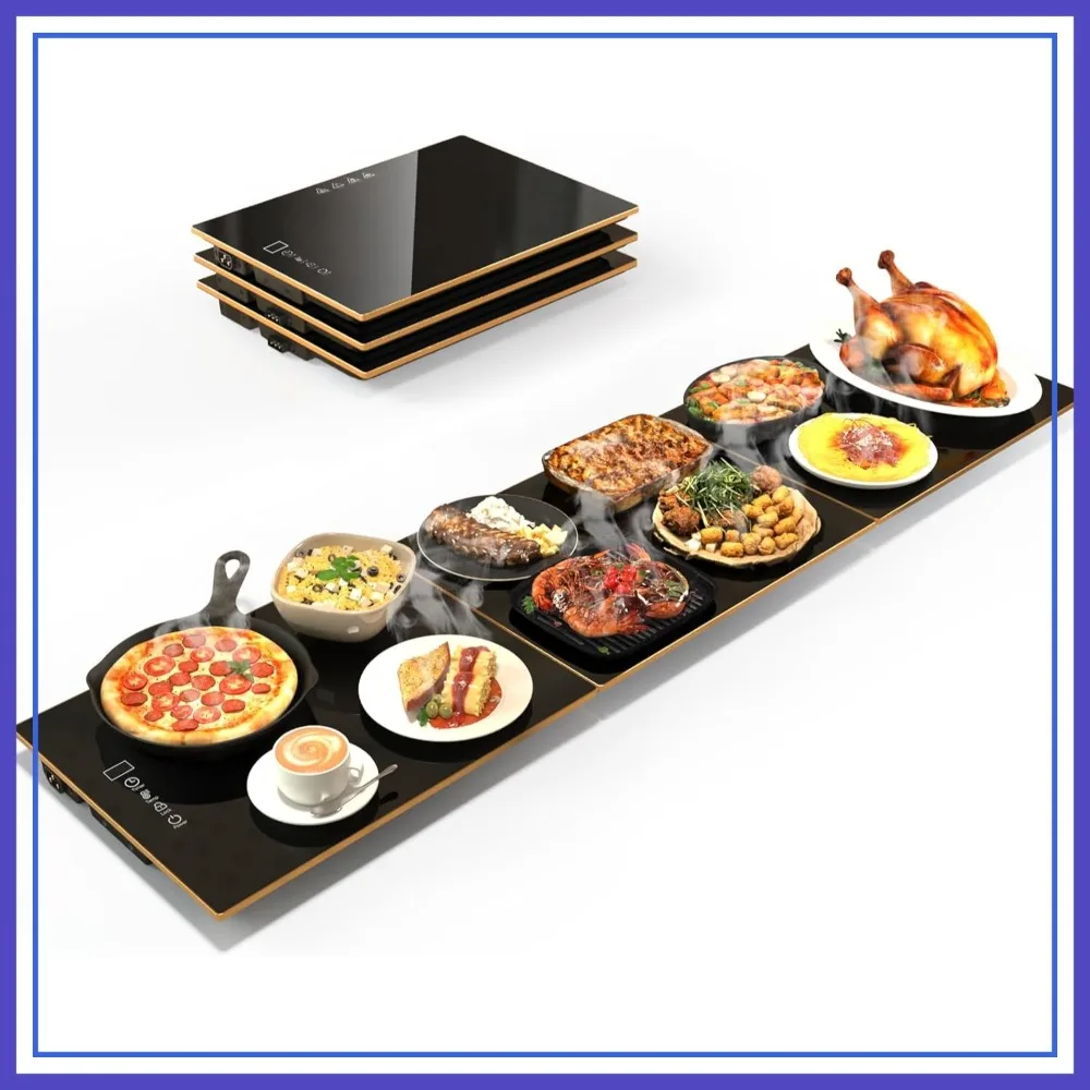 

Electric Warming Tray for Parties, 47x12 inch, 8-Level Heat & 8-Hour Timer, Stackable, Desktop-Protecting Mat