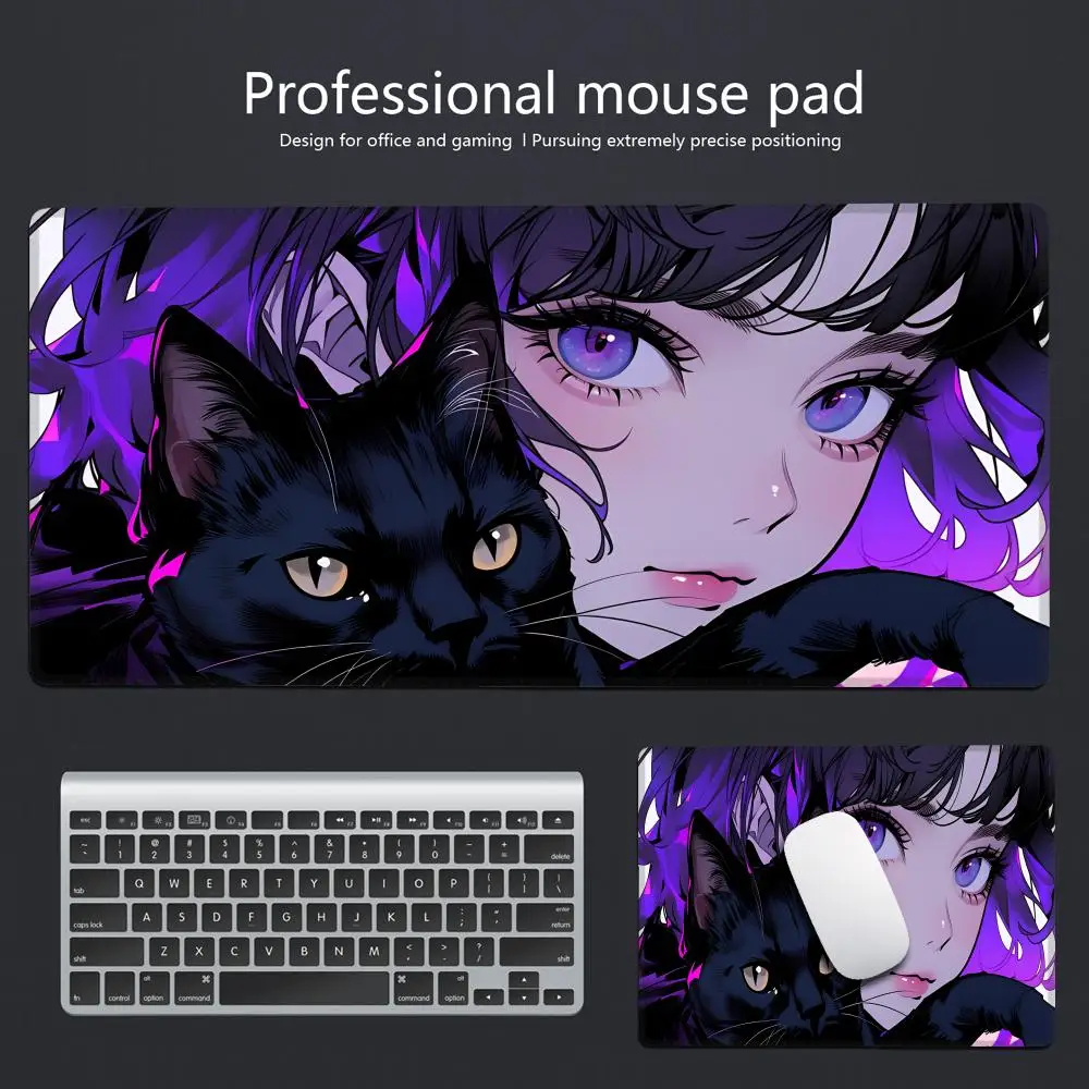 

HYBXAXCLarge Gaming Mouse Pad Purple Anime Cat Girl Cute Desk Mat Non-slip Rubber Base Stitched Edge Keyboard Pads PC for Decor