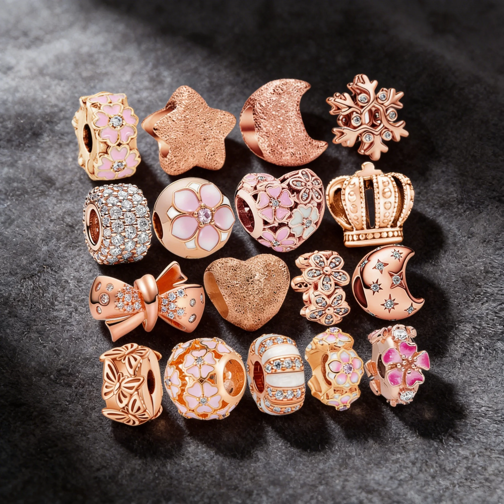 

2026 NEW DIY Jewelry Gift Sparkling Rose Golden Original Flower Heart Bow Family Charm Star&Moon Beads Clip Fit Snake Bracelet