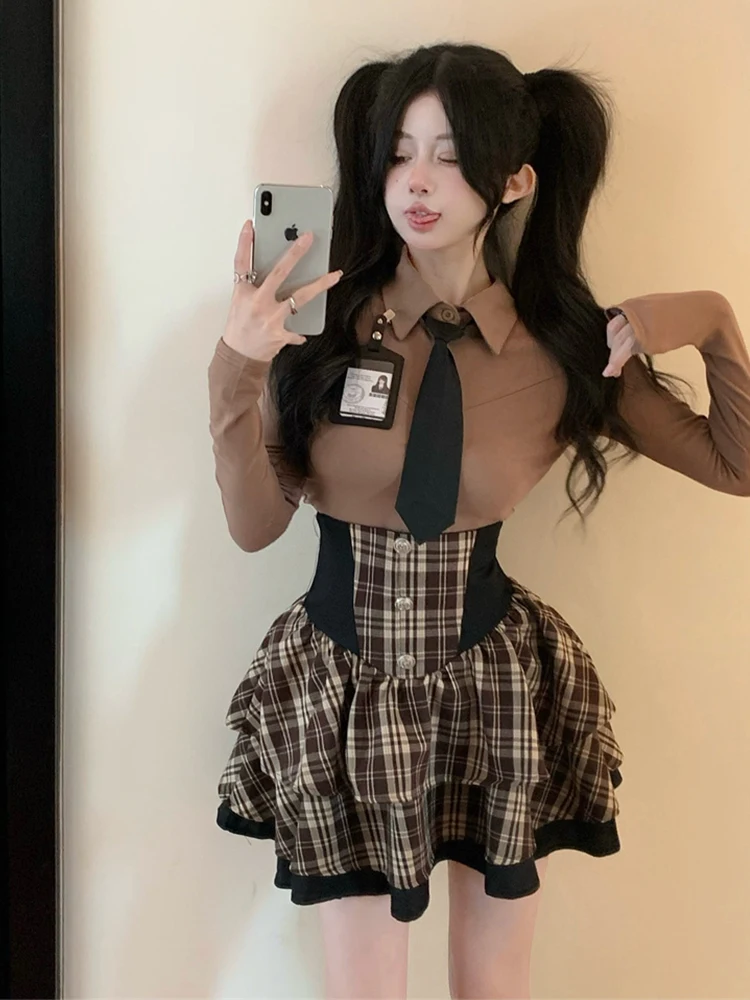 

plus Size College Style Sweet And Spicy Girl Slim Fit Long Sleeve Top And High Waist Plaid Skirt Two Piece Set for Women