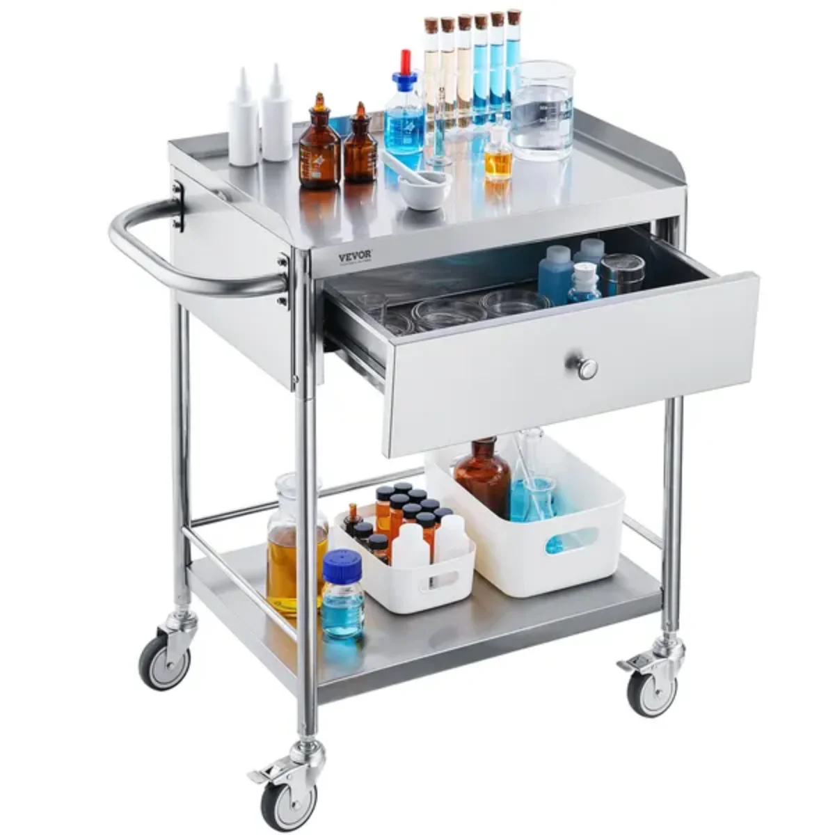 Carrello medico VEVOR a 2 livelli in acciaio inossidabile - capacità 220 libbre, 360 °   Ruote e cassetto - Laboratorio/Clinico/Cucina/Salone