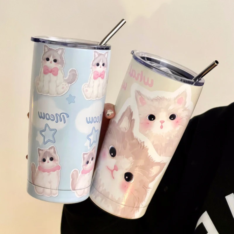 Cute Cat Thermos Cups Tumbler For Hot Cold Coffee Tea Kawaii 550ml Sainless Steel With Straw Insulated Thermal Cup Water Bottle