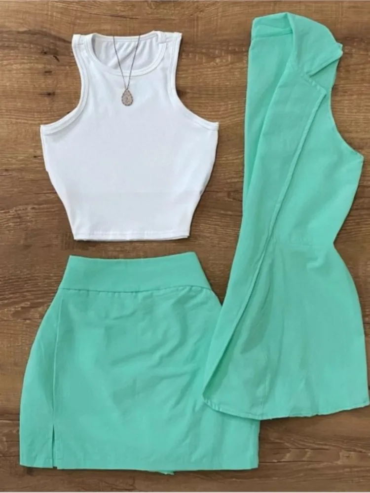 

Sexy Elegant 3 Piece Set Women Slim Outfits O Neck Tank And Sleeveless Vest And Mini Skirt Sets New Fashion Summer Casual Suit