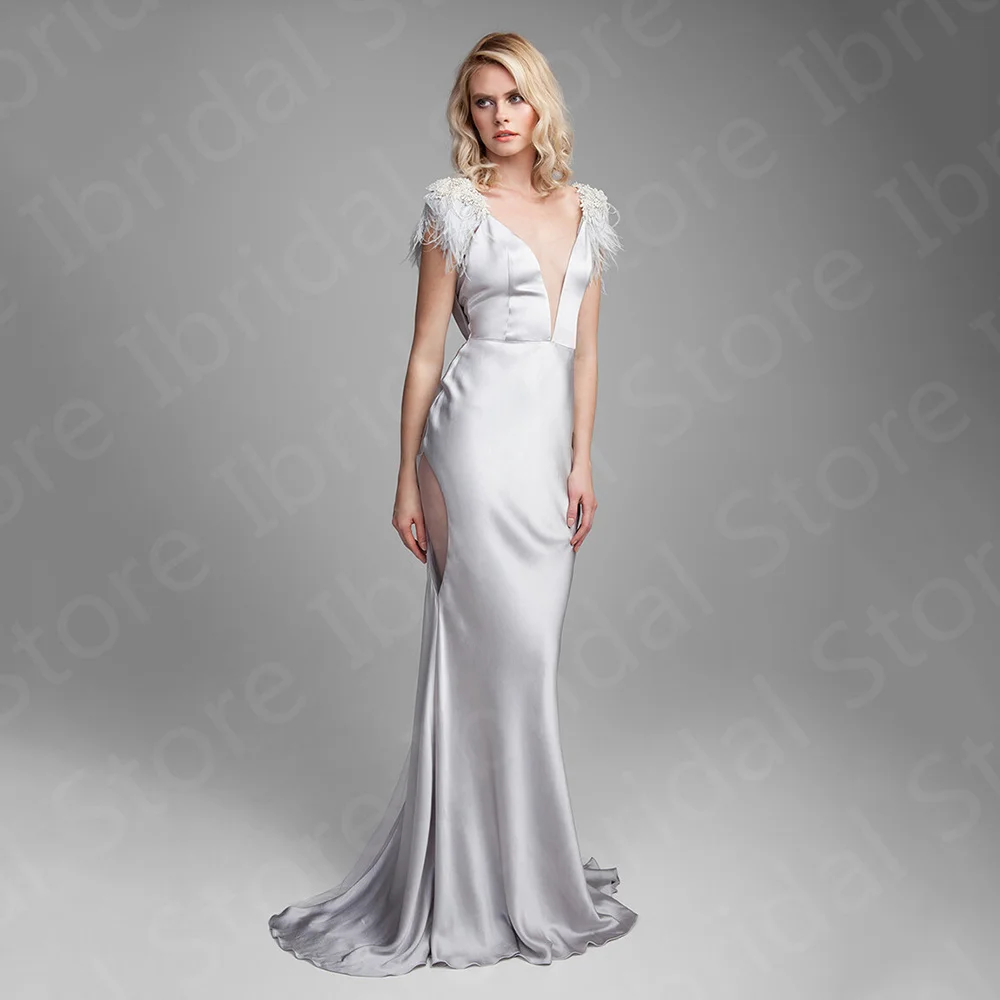 Classic Latest Silver Evening Dresses Mermaid Wedding Guest Gowns Illusion V Neckline Feathers Prom Party  2023 On Sale