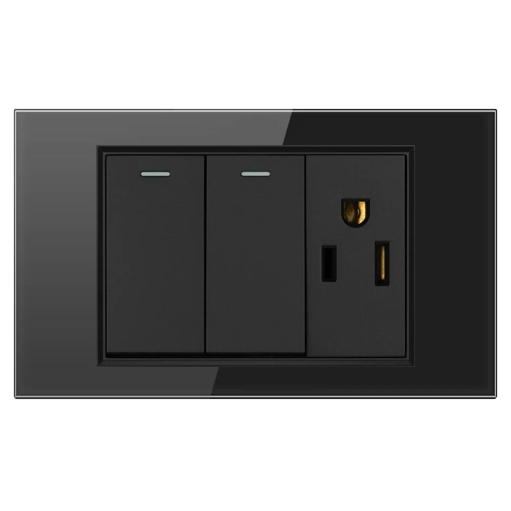 Power Wall USB Socket Light Switch Double 1/2 Pole Glass Panel Outlet Plate US Modular Mounted Home Office Electrical Appliances
