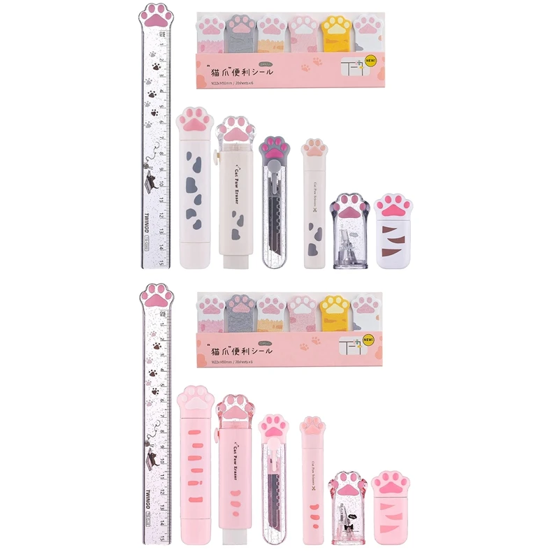 8 Pcs Cute Cat Paw Stationery Set Kawaii School Supplies Including Pencil Sharpener Retractable Eraser Reusable (White)