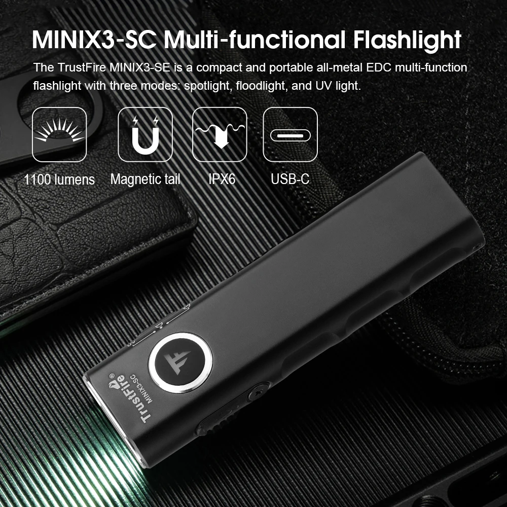 

TrustFire MINIX3-SC 1100LM Rechargeable EDC Flashlight With UV Light 1500mAh Pocket Lantern IPX6 Waterproof Torch for Camping
