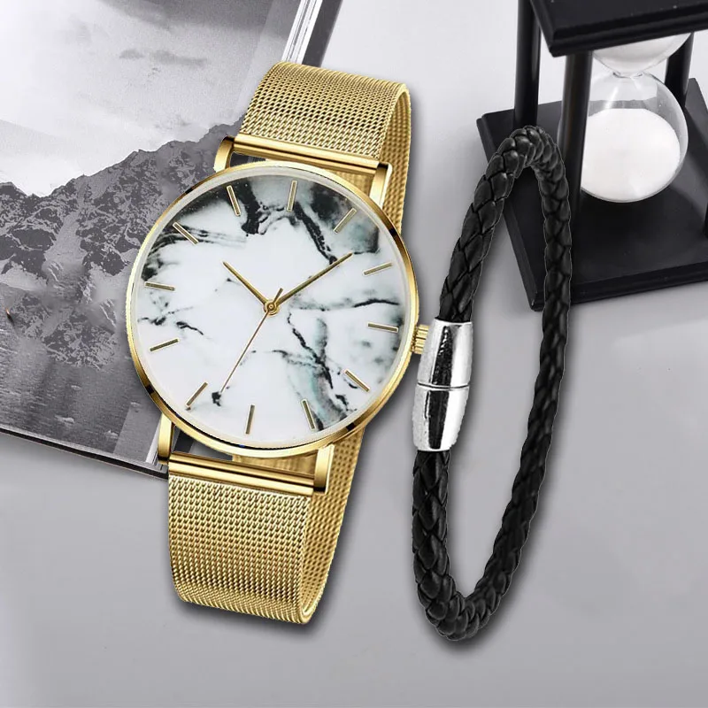 Fashion Man Women Watch set Mesh Band Creative Marble WristWatch Magnetic Bracelets Quartz Watch DropShipping