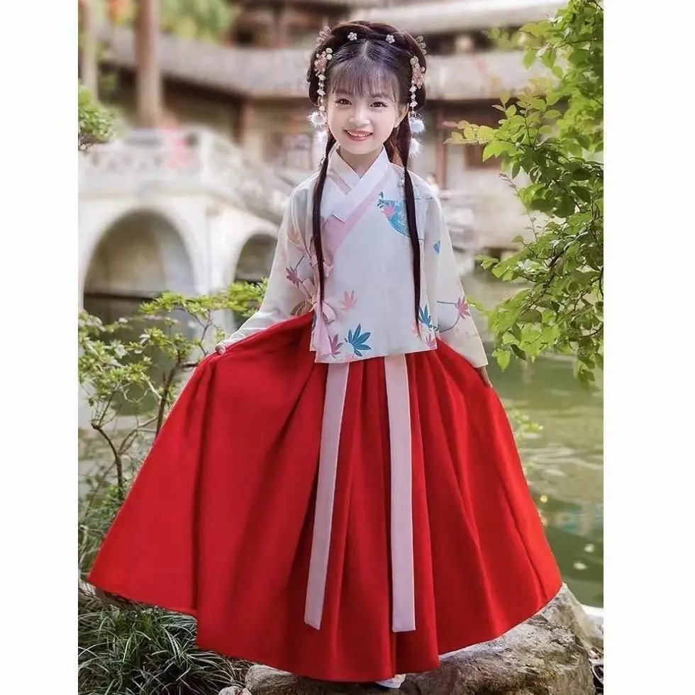 Girl Fairy Red Print Dress Hanfu Chinese Traditional Hanfu Children Cosplay Costumes Princess Tang Suit