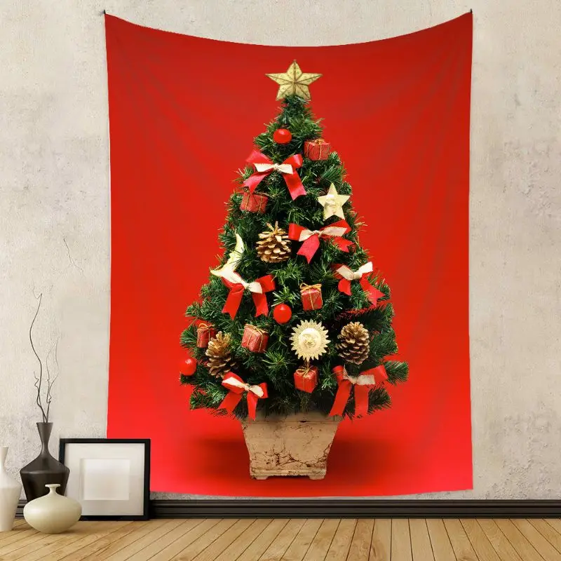 VIKAMA White Christmas Tree Light Wall Tapestry Realistic Green Pine Warm Bulb Minimalist Simple Holiday Festive Decor Bold Art