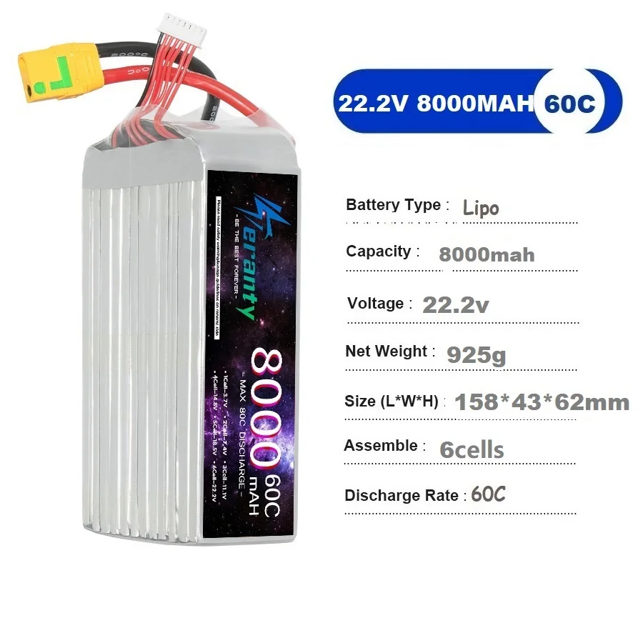 TERANTY 22.2V 8000mAh 60C Lipo Battery For RC Quadcopter Helicopter FPV Drone Car Boat Parts 6S Rechargeable Battery