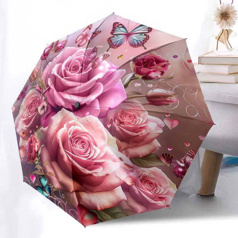 

Зонт с розовой бабочкой и розой, легкий портативный, железная рама из 8 лент, идеально подходит для путешествий на открытом воздухе, аксессуар для дома, рождественский подарок