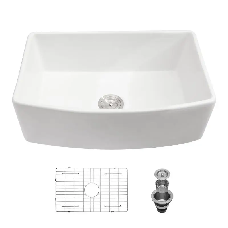 

33" White Ceramic Farmhouse Sink, Single Bowl, Apron Front Design for Kitchen, Arch Edge, Durable & Stylish