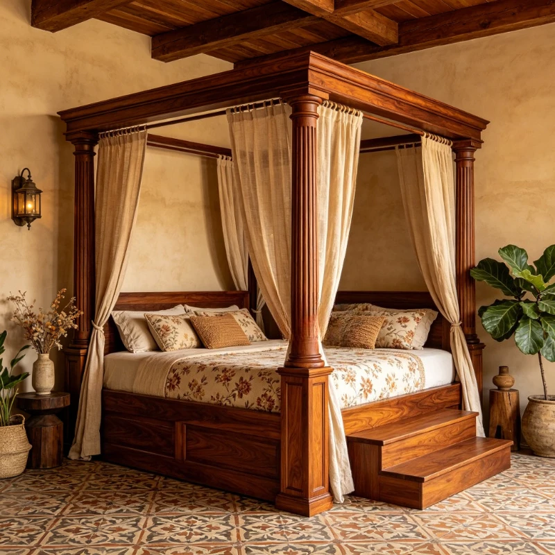 American classical retro solid wood four-poster shelf bed 1 meter 8 double bed vacation wind Roman column step high box bed
