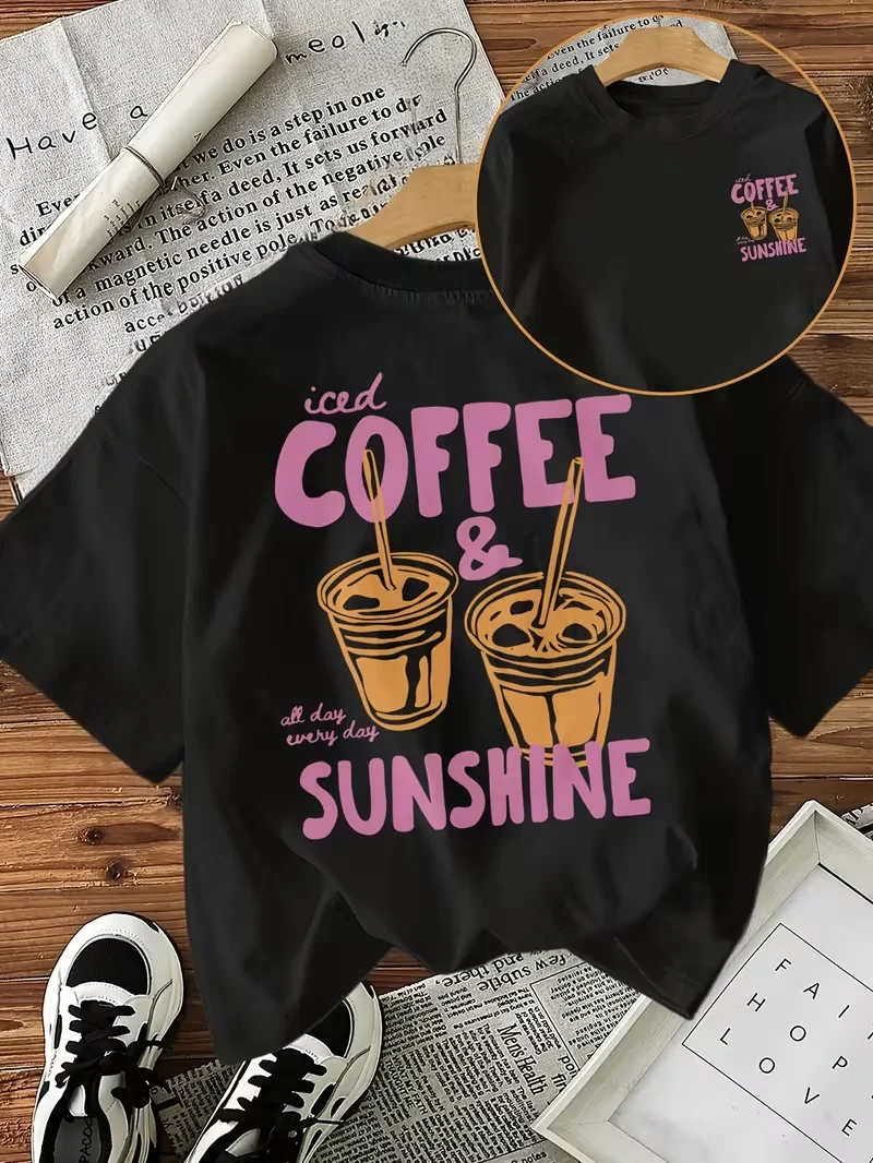 Iced Coffee & Sunshine Graphic T-Shirt, Front & Back Printed Casual Loose Crew Neck Short Sleeve, All-Season Daily Casual Top