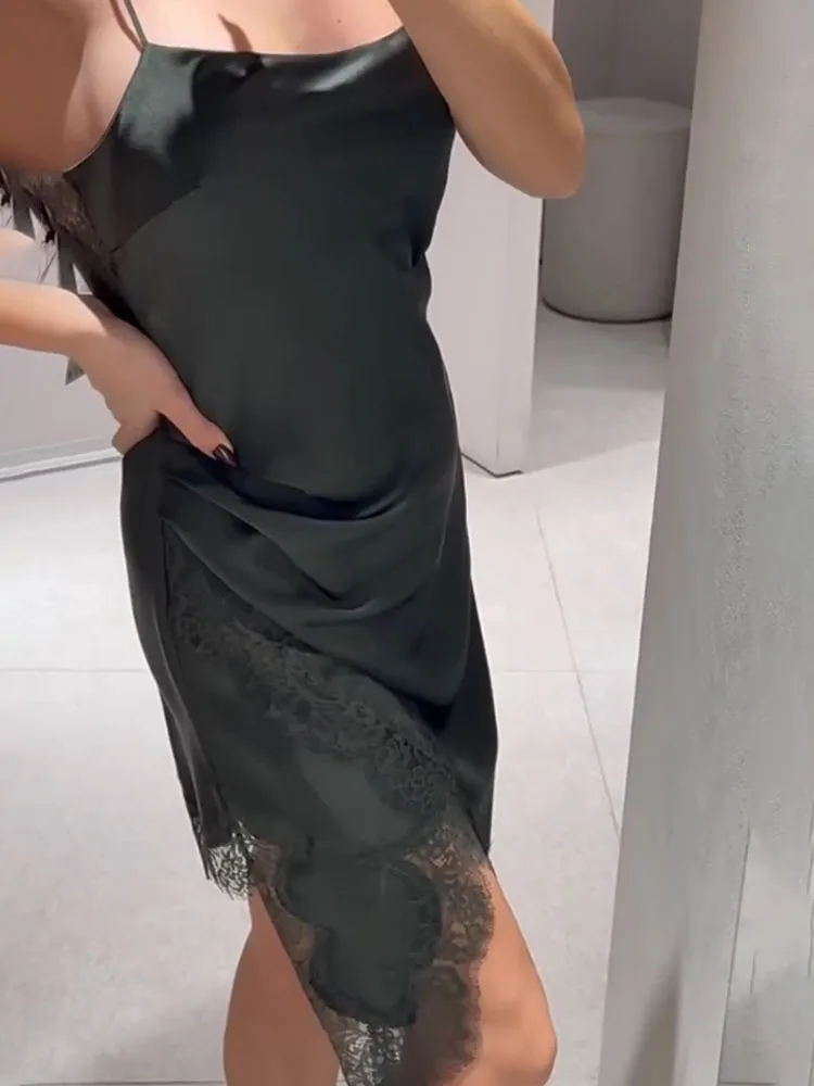 HH Donna Estate Moda Raso di seta Texture Decorazione in pizzo multistrato Abito sexy con fionda Abito longuette elegante e confortevole femminile