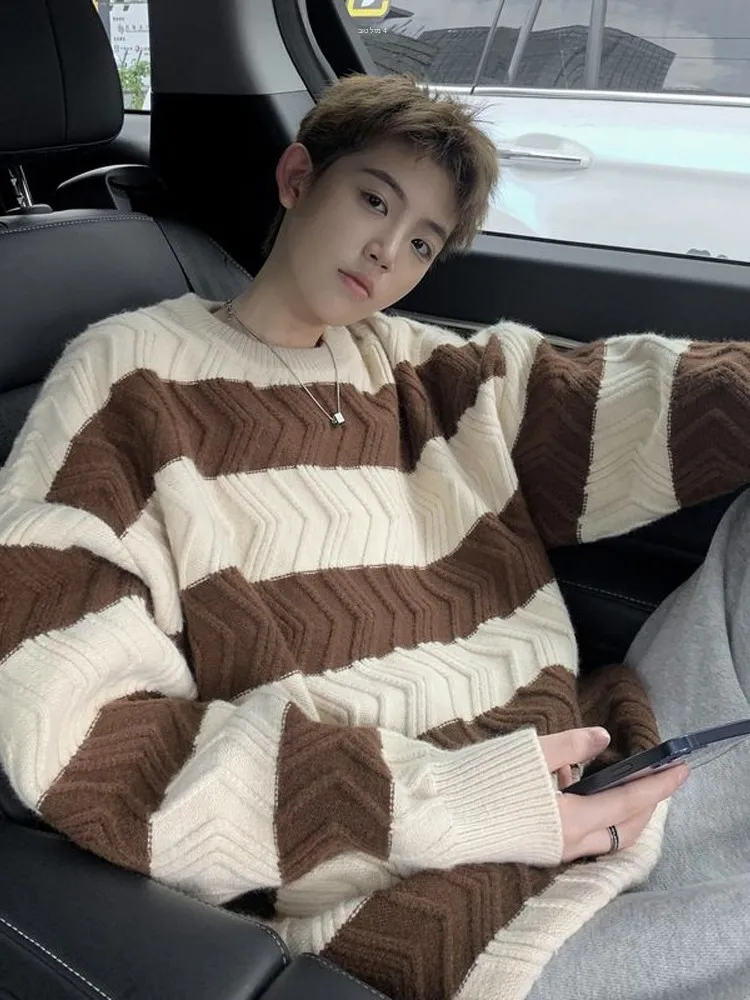 

Trendy Striped round Neck Loose Knitted Sweater for Men Spring Autumn Casual Inner Wear Base Layer Outerwear Jacket