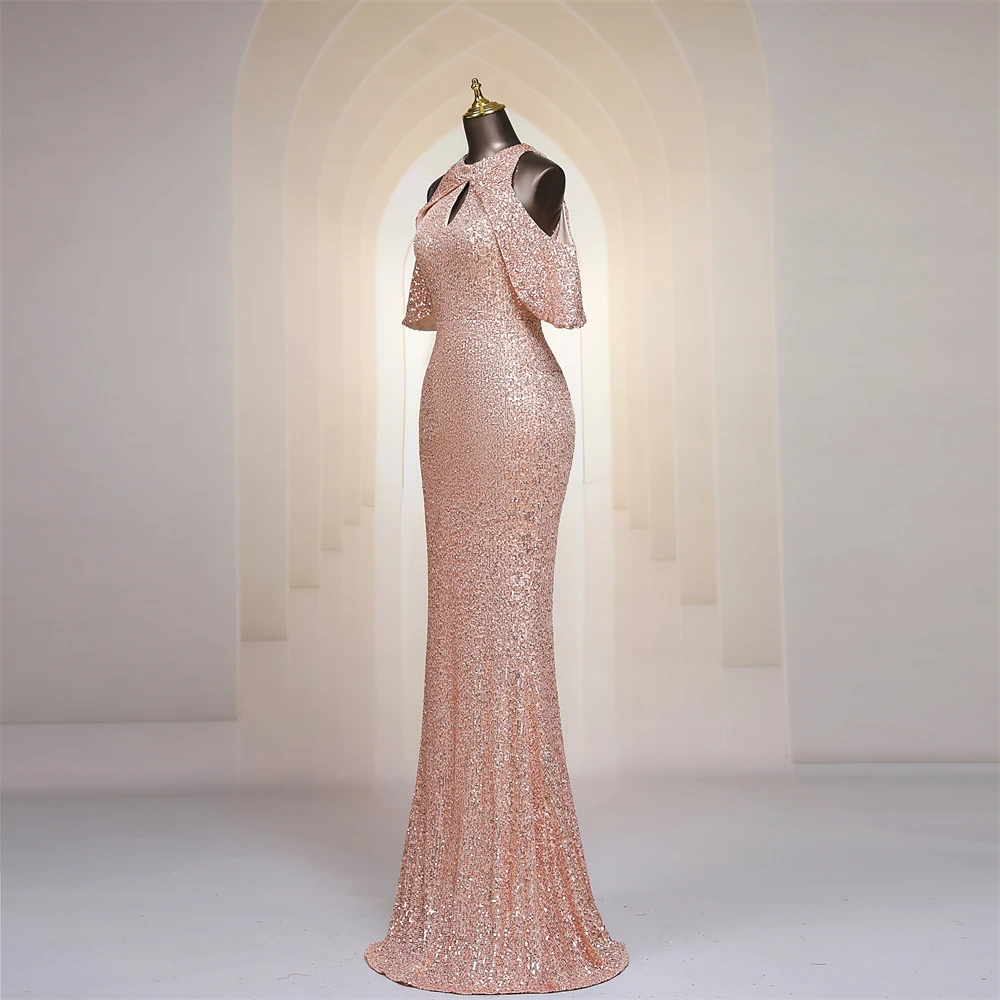 Vestidos de Noche de sirena de lentejuelas de oro rosa, cuello de cerradura, hombros descubiertos, Trompeta larga, fiesta Formal