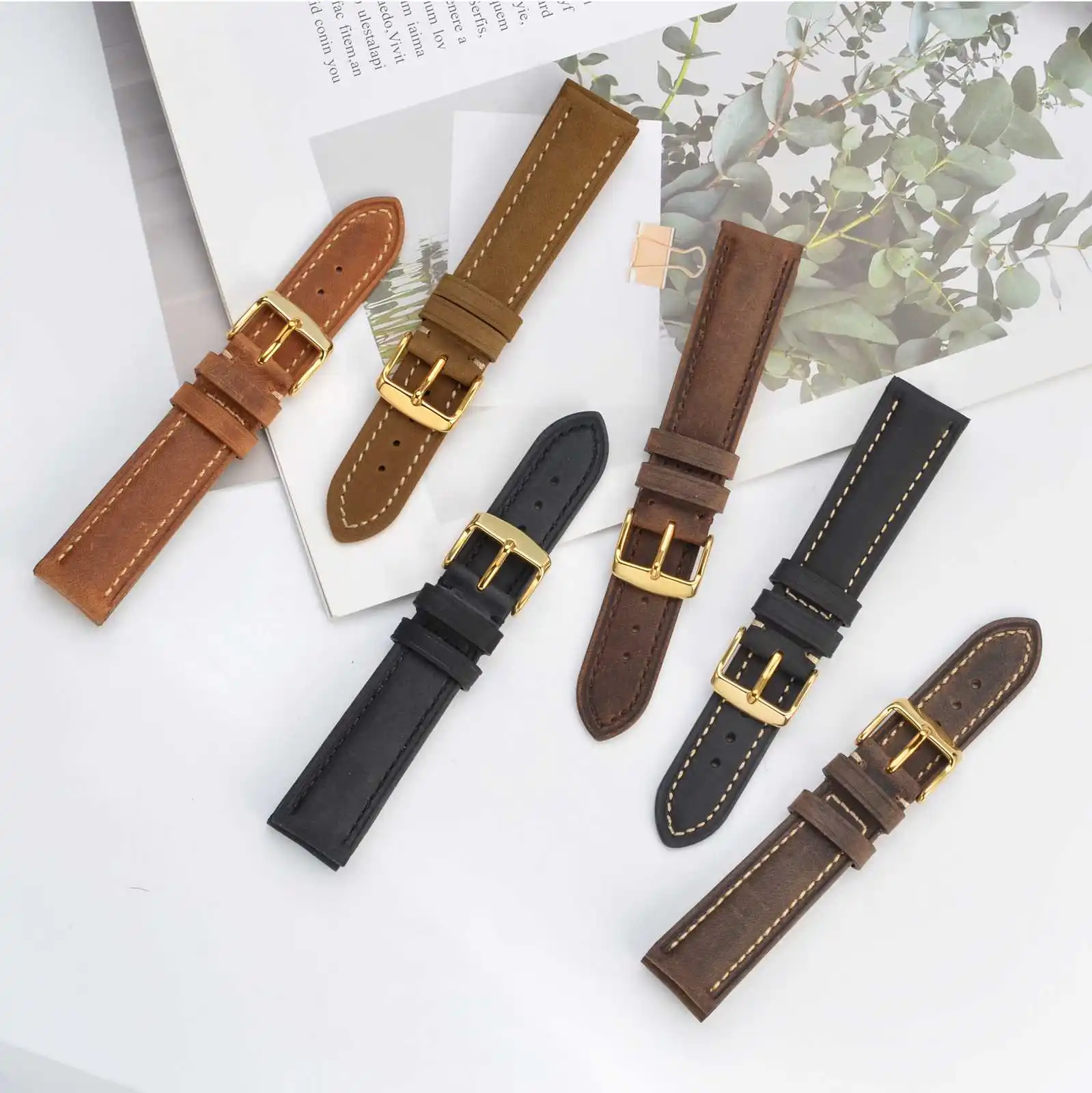 BISONSTRAP Watch Band 14mm 15mm 19mm 20mm 22mm 23mm 24mm Crazy Horse Leather WatchStraps Vintage Replacement Belt Gold Buckle