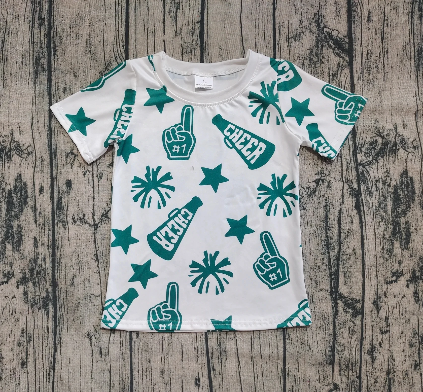 

6.26 Wholesale hot sale western boutique kid children clothing Baby Girls White Short Sleeves Green Fireworks CHEER Shirts Tops
