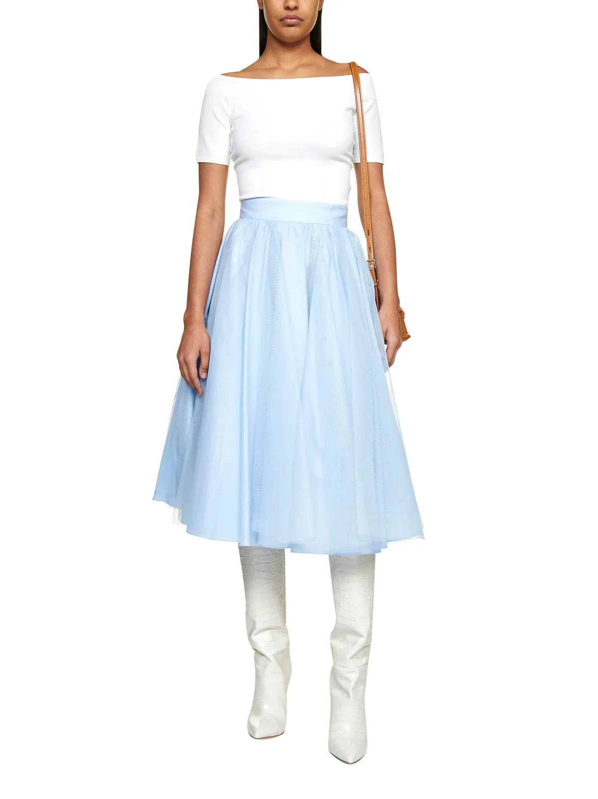 Simple Light Blue Soft Tulle Midi Women Skirts With Ruffles Trim Details Zipper A-line Knee Length Female Tulle Skirt