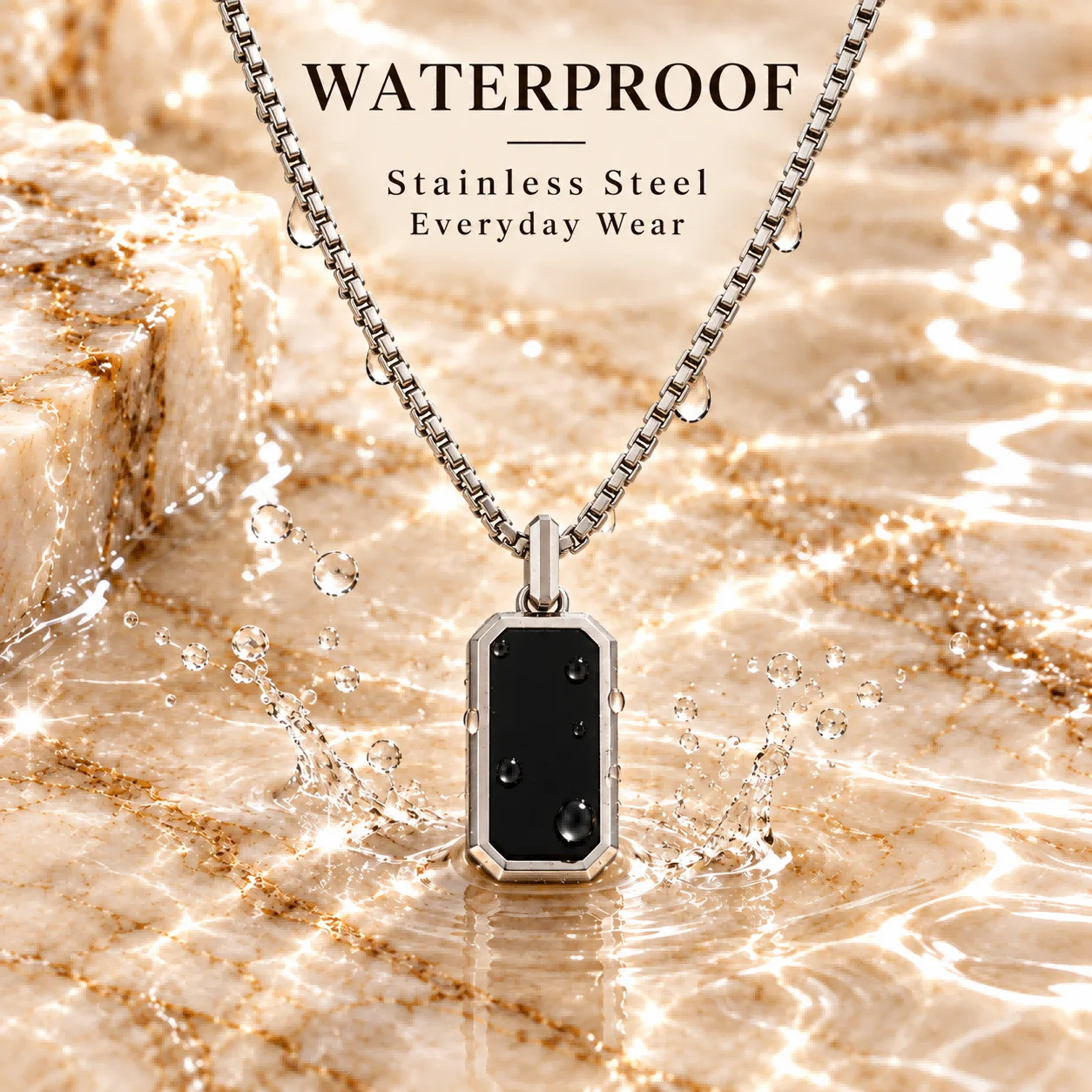 Chamica Schwarze Onyx-Halskette für Männer Edelstahl-Kastenkette Vintage Rechteckiger Anhänger Wasserdichter Retro-Schmuck – Detail 3