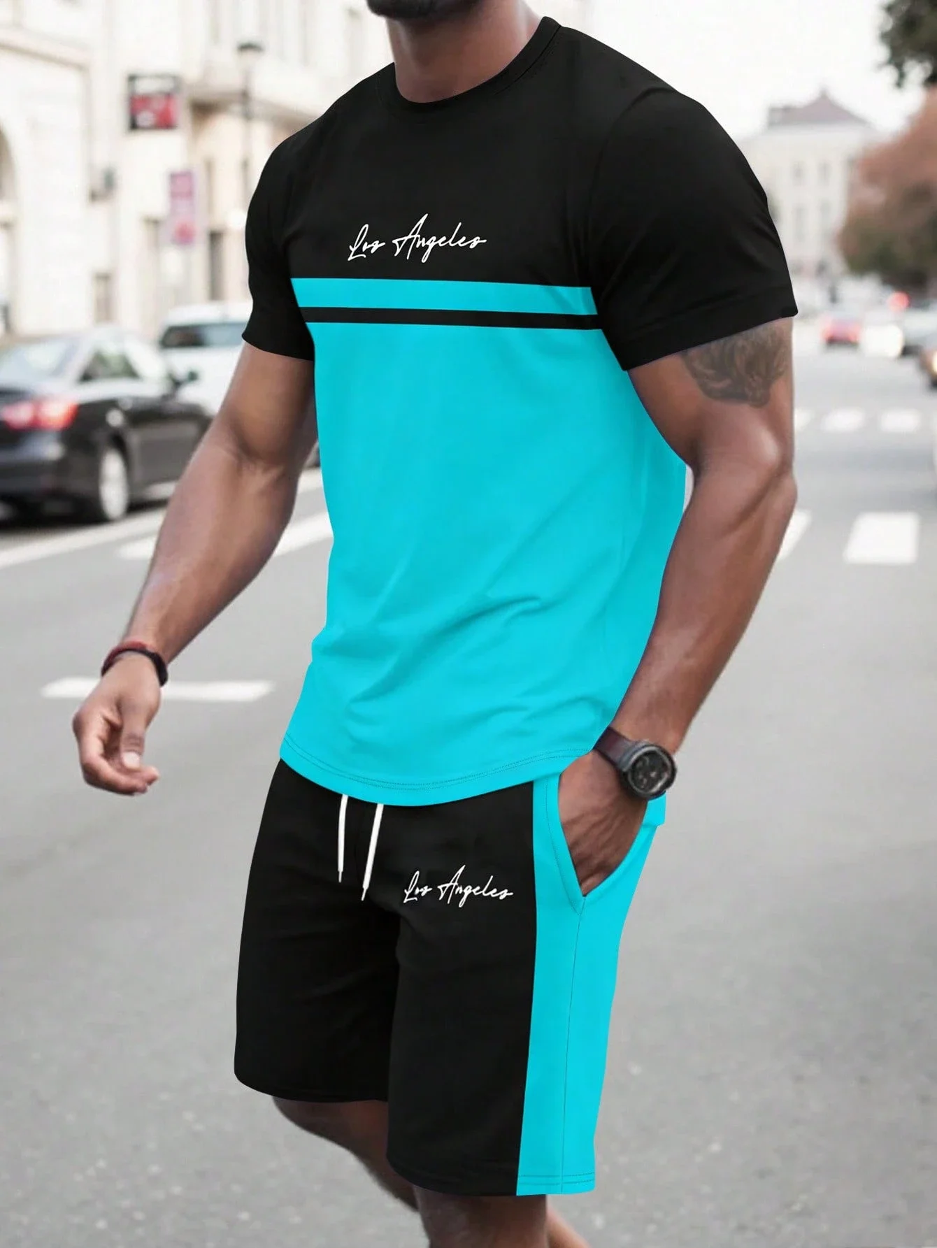 

Men's Turquoise Black Color Block T-Shirt And Drawstring Shorts 2 Piece Co-Ord Set Casual Summer Beach Sporty