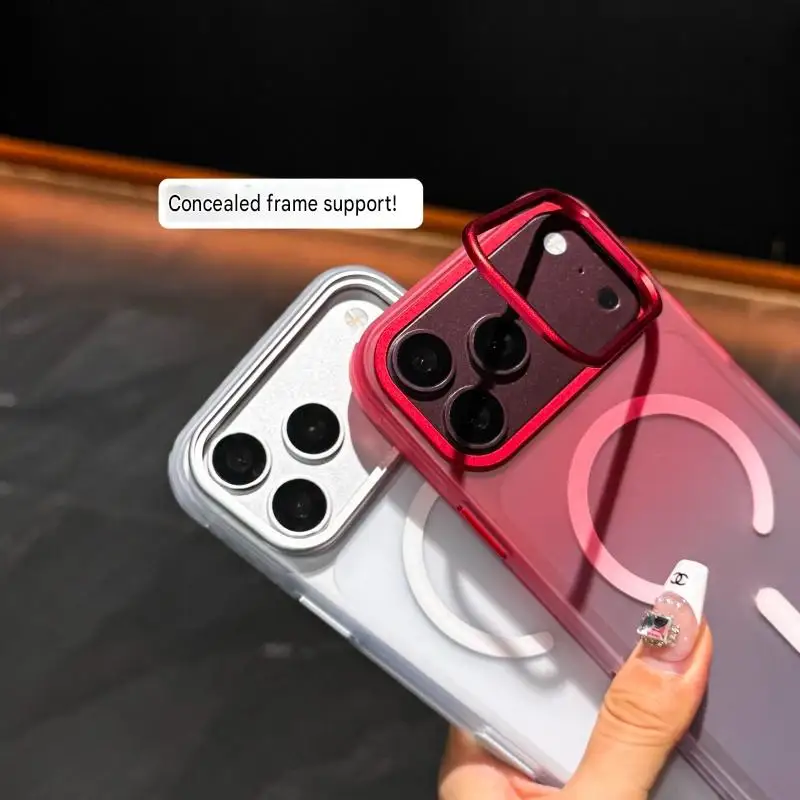 Skin-feel Matte Gradient Magnetic Phone Case For iPhone 18 17 Pro Max Hidden Lens Kickstand AI Buttons Shockproof Protect Cover