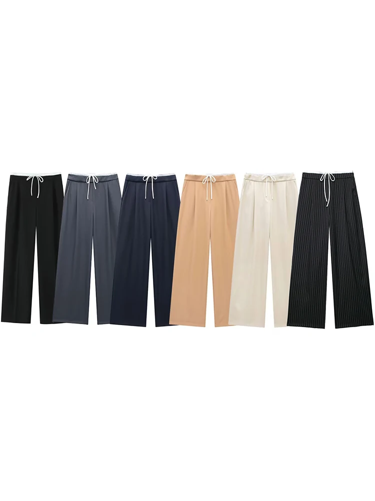 Willshela, Pantalones rectos con cremallera lateral y cordones lisos a la moda para mujer, pantalones Vintage de cintura alta elástica, pantalones elegantes para mujer