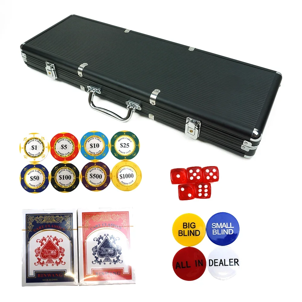 Alta qualidade preto 500 pçs caso de alumínio casino argila poker chip conjunto inclui conjunto completo de acessórios de jogo conjunto de chip de argila