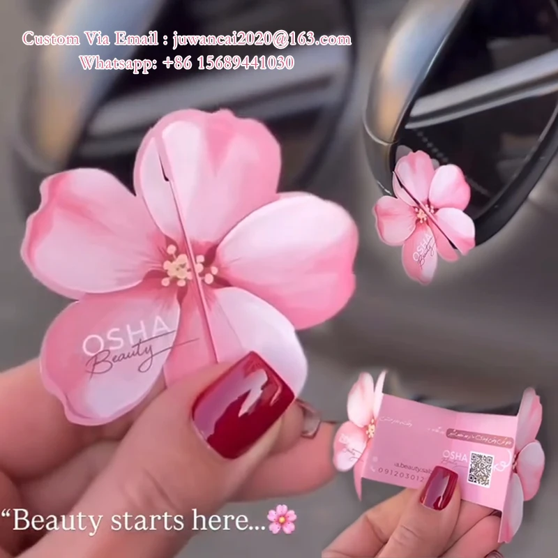 Tarjetas de folleto de flores personalizadas, diseño y impresión de volantes de espejo con tarjetas de visita especiales de flores, código QR para salón de belleza