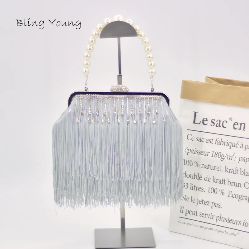 

Tassel Rhinestone Evening Clutch Bags Female Bridal Handbags Fashion Women's Satin Silk Bridal Wedding Shoulder Tote Purse