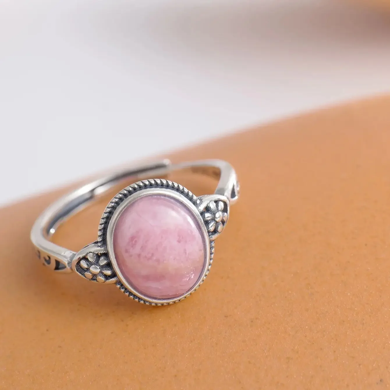 S925 Silver Women's Ring 10x8mm Pink Rhodochrosite Love Stone Open Bands Floral Boho Jewelry Handmade Emotional Healing Gift