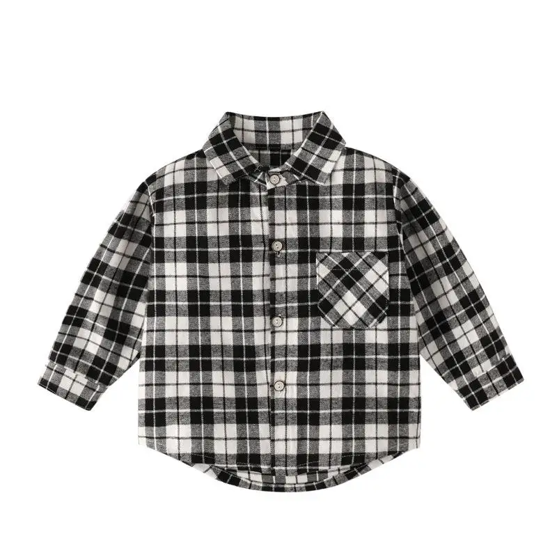 

2024 Spring Autumn Children Long Sleeves Shirt Fashion Plaid Top New Girl Boy Polo Collar Casual Single Breasted Outing Clothing