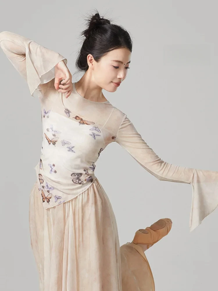 Bedrucktes, ausgestelltes, langärmliges, schmales Mesh-Top für Damen, modernes Tanzkostüm, Jazz, zeitgenössisches lyrisches Bühnen-Performance-Shirt