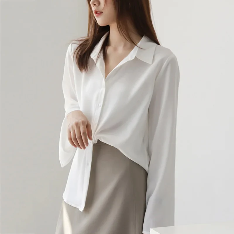 PLAZSON Blouse Long Sleeve Summer Shirts for Women Tops French Fashion Solid Color Office Lady Clothes Elegant Shirts Ladies