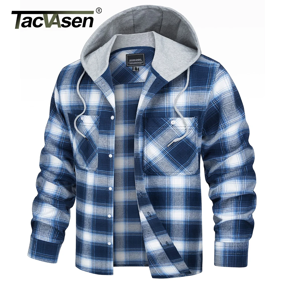 TACVASEN Lightweight Flannel Hooded Shirt Jacket Men's Long Sleeve Plaid Jacket Casual Button Down Shirt with Pocket