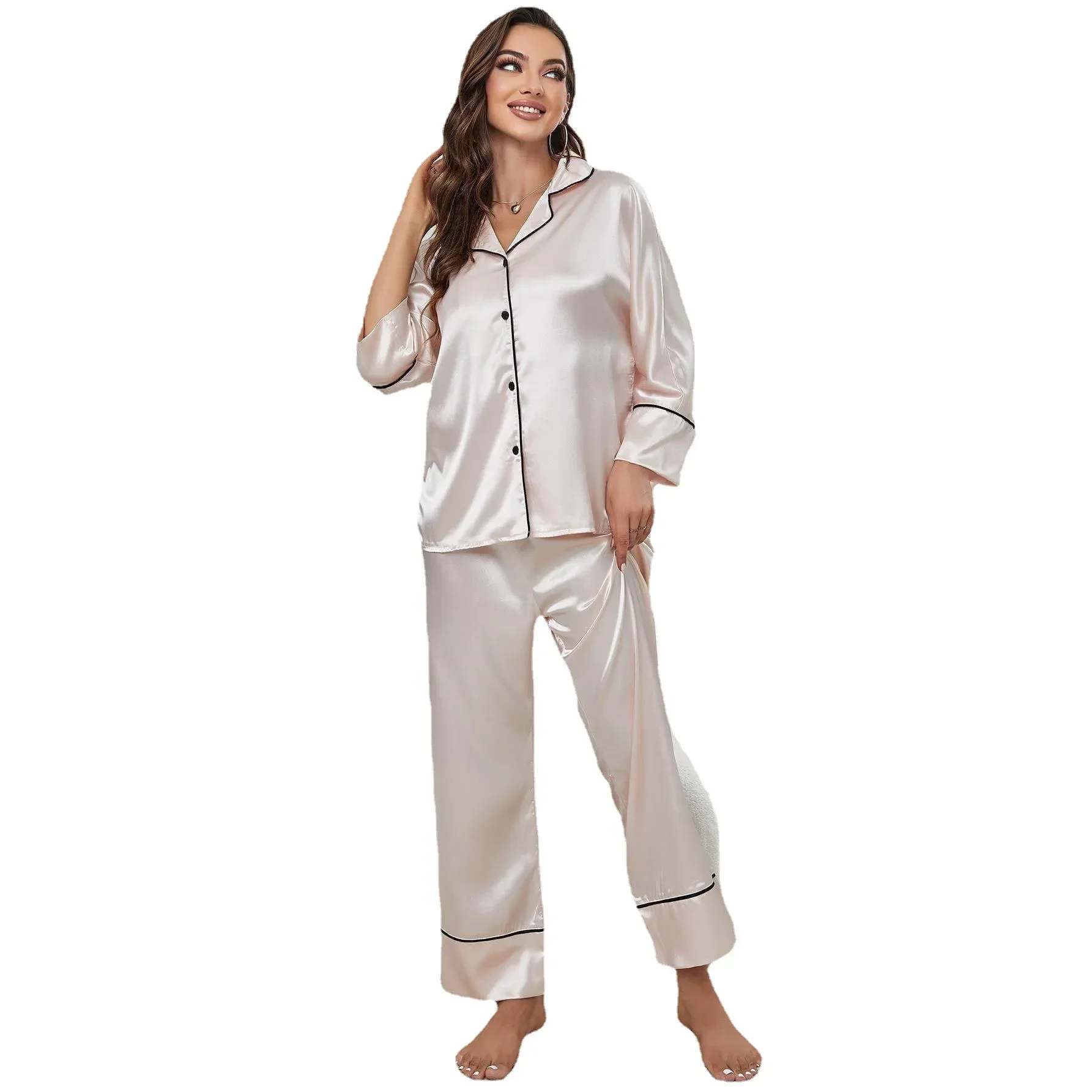 Silk Satin Women‘s Pajamas Set Notched Collar Top & Wide Leg Long Pants 2 Pieces Sleepwear Female Loungewear Like Leisure Suit