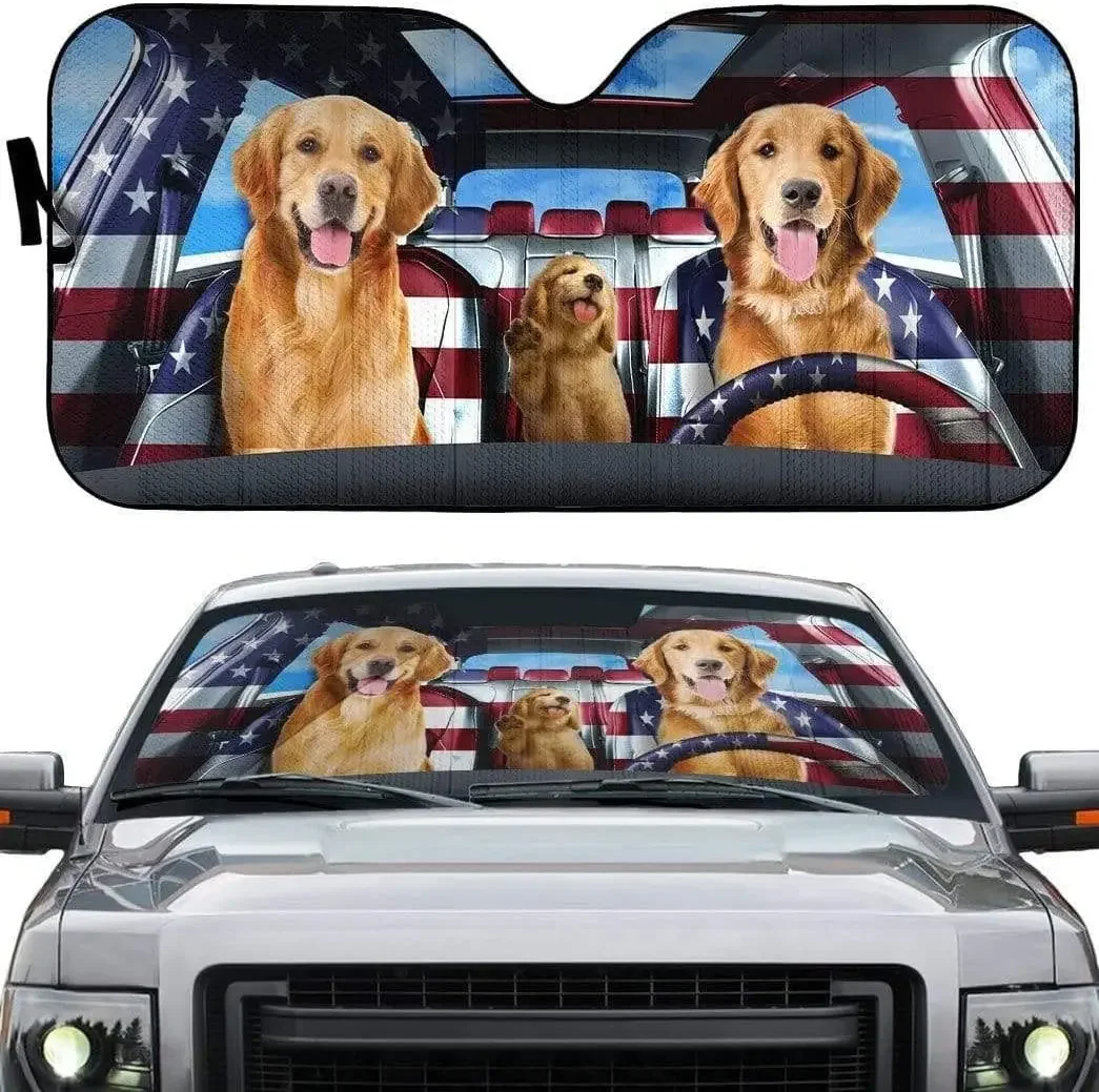 Happy Golden Retriever Dog Family American Feel Car Sunshade, Golden Retriever Driving in USA Feel, Auto Sun Shade for Sun nights