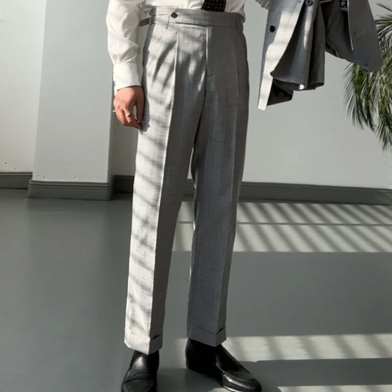 2023 Mens Formal Pant Pantalones Hombre Stripe Dress Ankle Pants Men British High Waist Straight Pants Men Social Trousers Pant