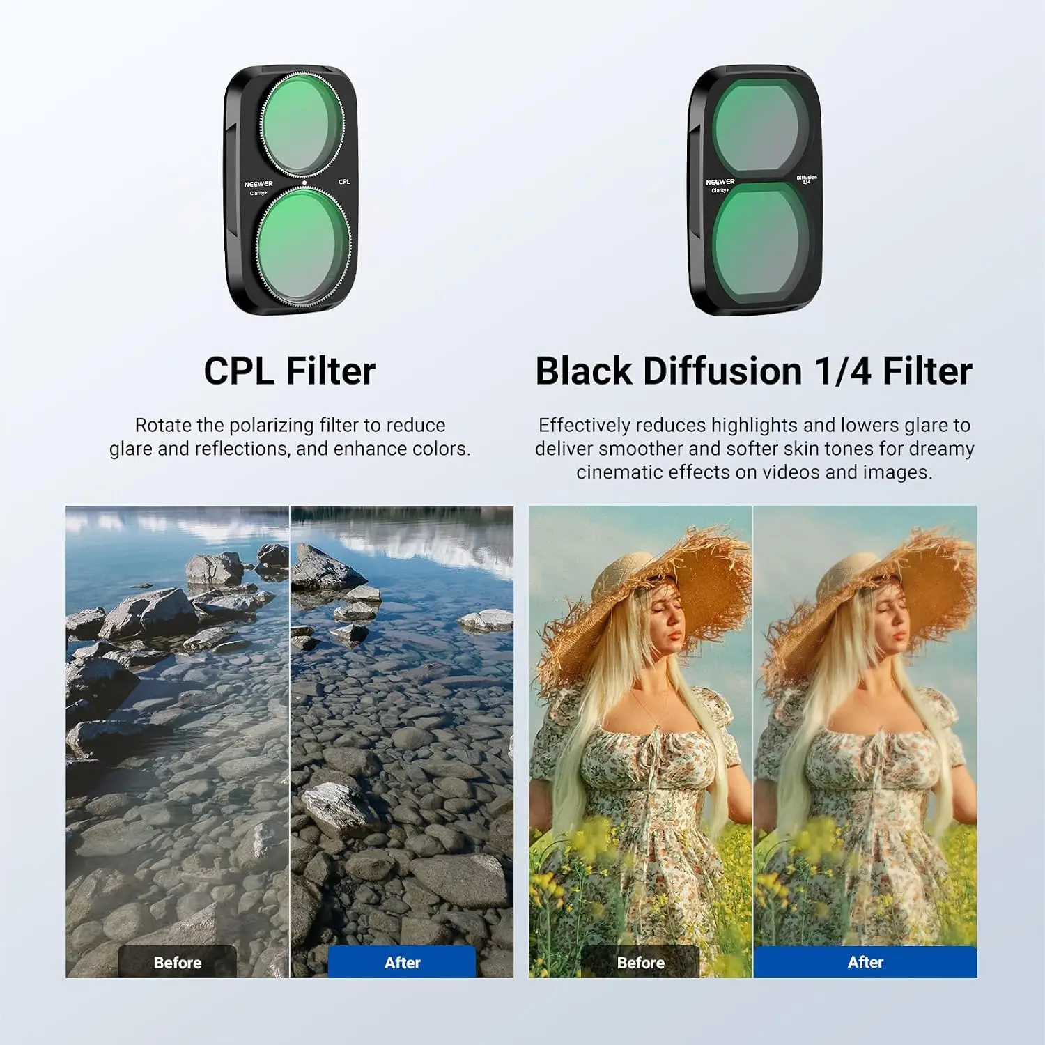 Filtr ND/CPL NEEWER do DJI Osmo Pocket 4P HD Optical, zmienny filtr ND Neutral Density ND2-32, filtr polaryzacyjny okrągły Black Diffusion 1/4 — zdjęcie produktu 5