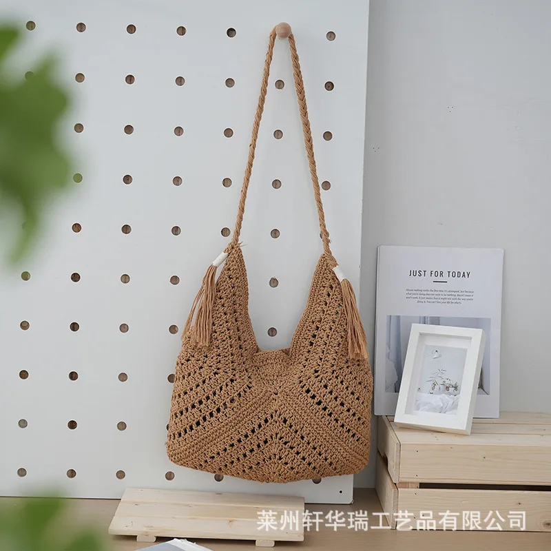 Summer Hollowed Out Cow Horn Shoulder Bag Large Capacity Commuting Cotton Rope Woven Bag Vacation Leisure Beach Bag Women\'s Bag