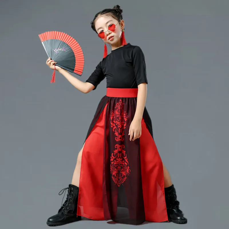 Children Chinese Style Jazz Dance Costume Red Black Hip-Hop Dance Wear Group Performance Stage Costumes Festival Outfits