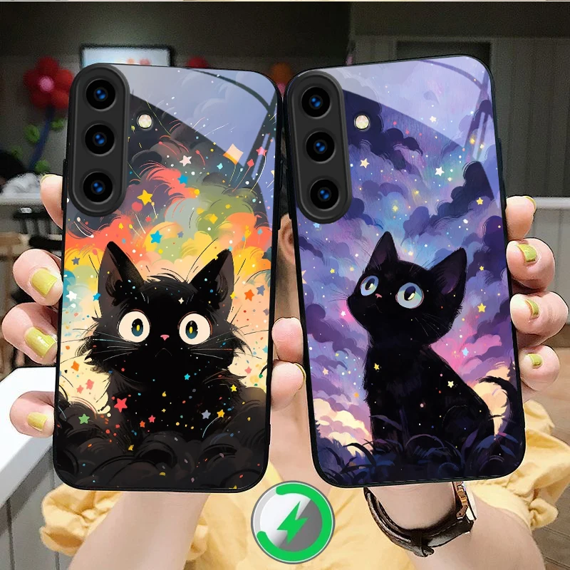 heart-shaped black cat For Samsung Galaxy S26 S20 FE S21 S22 S23 Plus S24 Ultra 25 Edge S24 Ultra For Magsafe Glass Phone Case