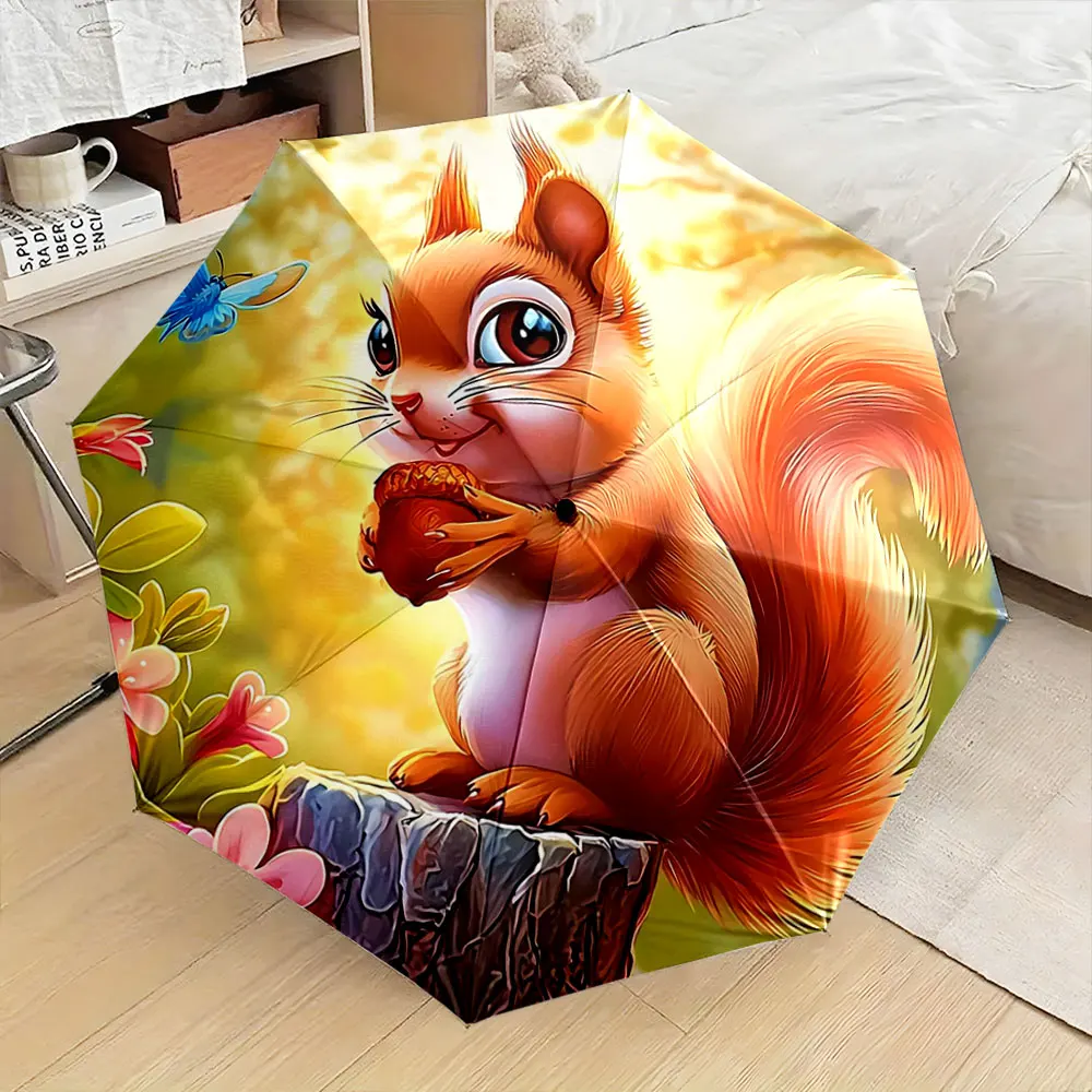 Animated Squirrel with Acorn and Butterfly Design Compact Fashion Folding Umbrella for Daily Use, Christmas Gift