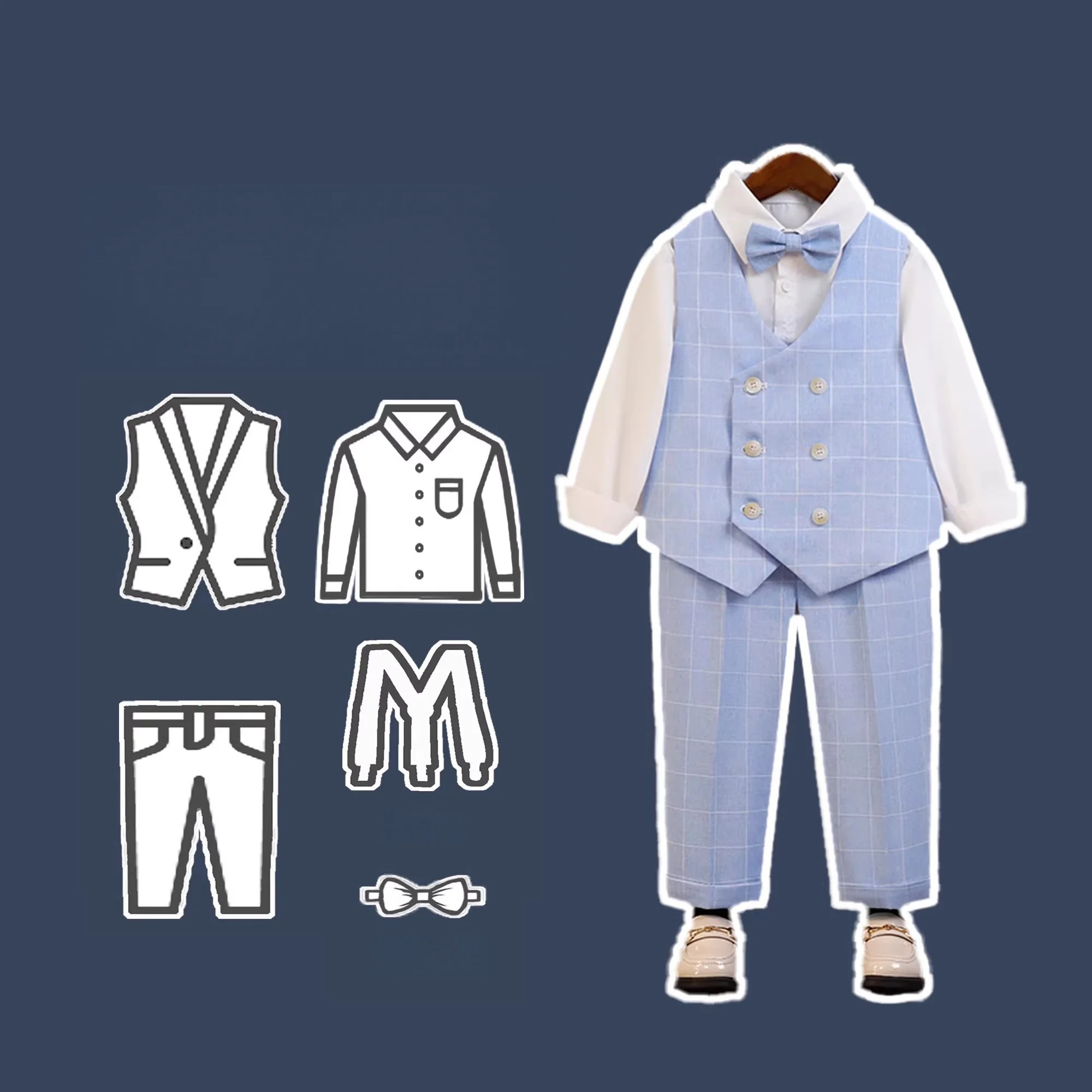 Flower Boys Spring Autumn Blue Plaid Wedding Outfit Kids Birthday Party Dress Children's Piano Host Speech Performance Costume