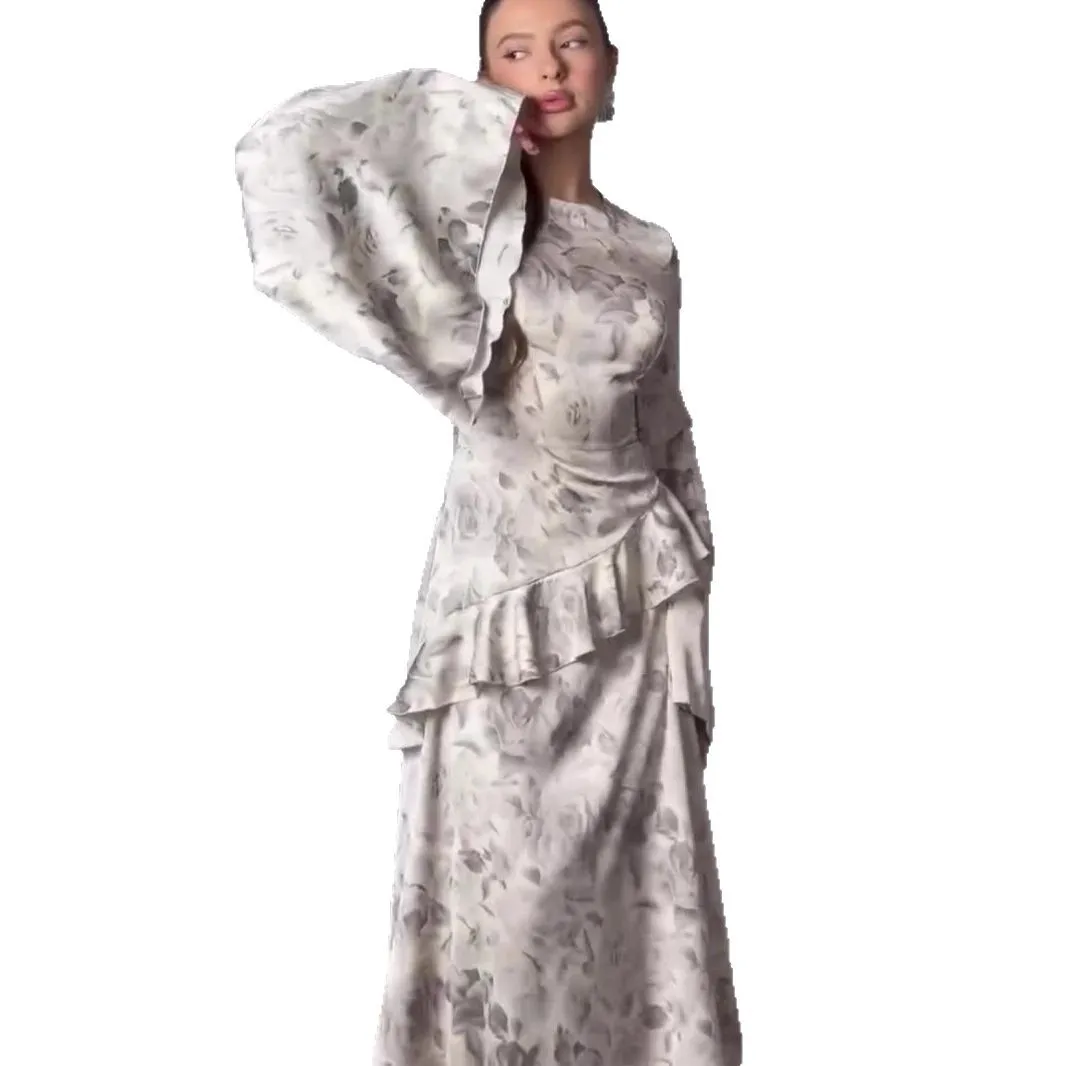 Abito donna musulmana Abaya stampa floreale Abiti Jalabiya Abiti con lacci Abaya Abito lungo arabo Ramadan Caftano marocchino 2025