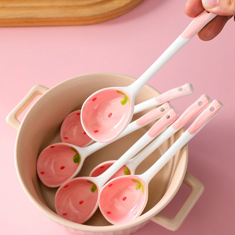 Kawaii Strawberry Ceramic Soup Spoon Cute Korean Ice Cream Hand Painted Coffee Dessert Long Handle Spoon Kitchen Accessories